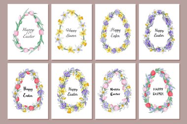 Stok vektör çiçek yay sekiz greting kartları seti. Lalelerden, timsahlardan, nergislerden güzel yumurta çerçeveleri. İzole edilmiş ve elle çizilmiş illüstrasyon. Çiçek tasarımı, paskalya arka planı. Şenlikli baskı.