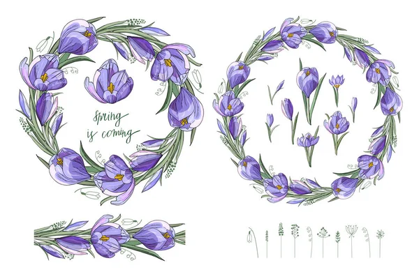 Stock Vector Floral Set Flower Brush Blue Crocuses Beautiful Wreath — Stock Vector