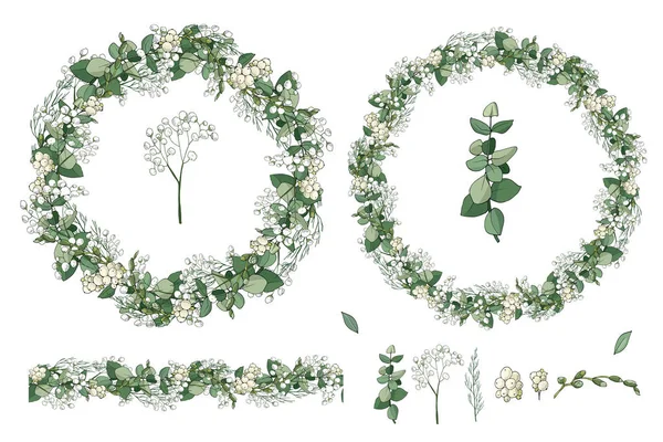 Ensemble Décoratif Vectoriel Brosse Herbes Florale Sans Couture Couronne Verte — Image vectorielle