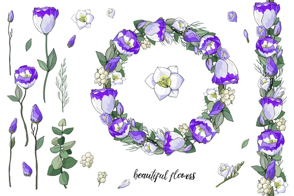 Ensemble Floral Vectoriel Brosse Fleurs Sans Couture Eustomes Blancs Bleus — Image vectorielle