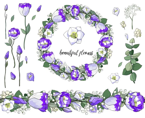 Ensemble Floral Vectoriel Brosse Fleurs Sans Couture Eustomes Blancs Violets — Image vectorielle