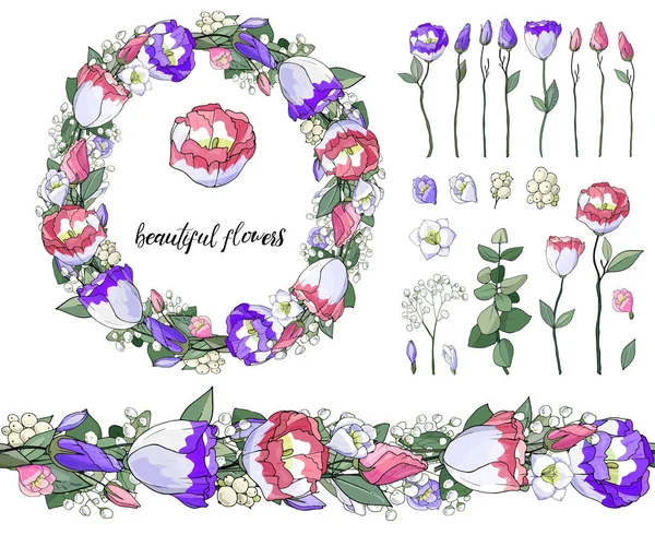 カラフルなユーストマスと美しい花輪からシームレスな花ブラシのストックベクター花のセット 孤立した手描きのイラスト グリーティングカード 花の背景のための花のデザイン お祝いの手描きパターン 結婚式 誕生日 — ストックベクタ