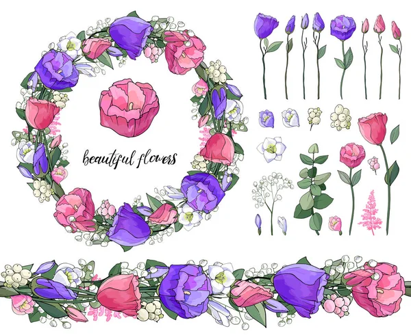 Ensemble Floral Vectoriel Fleurs Sans Couture Brosse Eustomes Rouge Violet — Image vectorielle