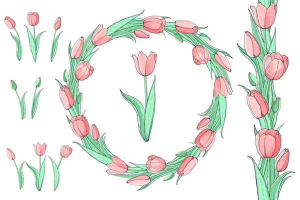 Stock Vector Kwiatowy Zestaw Bezszwowe Pędzla Kwiat Różowych Tulipany Piękny — Wektor stockowy
