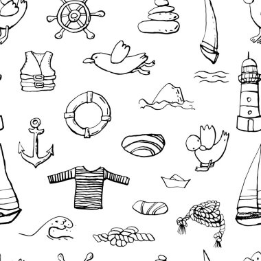 Beyaz zeminüzerinde deniz deniz mürekkep doodle koleksiyonu. Kusursuz desen. Sonsuz doku. Basılı malzemeler için kullanılabilir. Tatil tatil arka plan. Elle çizilmiş tasarım elemanları. Şenlikli baskı. 