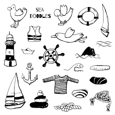 Beyaz zeminüzerinde deniz deniz mürekkep doodle koleksiyonu. Kusursuz desen. Sonsuz doku. Basılı malzemeler için kullanılabilir. Tatil tatil arka plan. Elle çizilmiş tasarım elemanları. Şenlikli baskı. 