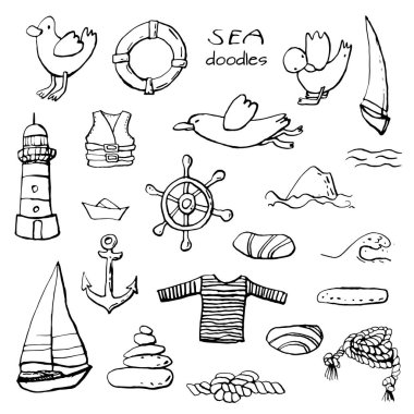 Beyaz zeminüzerinde deniz deniz mürekkep doodle koleksiyonu. Çizgi film nesneleri kümesi. Sonsuz doku. Basılı malzemeler için kullanılabilir. Tatil tatil arka plan. Elle çizilmiş tasarım elemanları. Şenlikli baskı. 