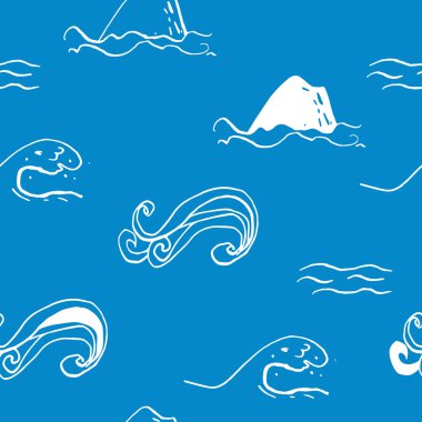 Mavi zemin üzerinde deniz deniz mürekkep doodle koleksiyonu. Kusursuz desen. Sonsuz doku. Basılı malzemeler için kullanılabilir. Tatil tatil arka plan. Elle çizilmiş tasarım elemanları. Şenlikli baskı. 
