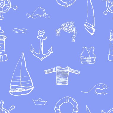 Collection of sea marine ink doodles on blue backdrop. Seamless pattern. Endless texture. Can be used for printed materials. Vacation holiday background. Hand drawn design elements. Festive print.  clipart