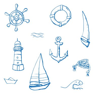 Beyaz zeminüzerinde deniz deniz mürekkep doodle koleksiyonu. Kusursuz desen. Sonsuz doku. Basılı malzemeler için kullanılabilir. Tatil tatil arka plan. Elle çizilmiş tasarım elemanları. Şenlikli baskı. 
