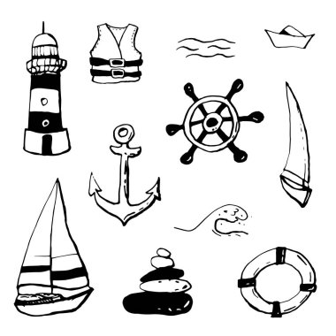 Beyaz zeminüzerinde deniz deniz mürekkep doodle koleksiyonu. Kusursuz desen. Sonsuz doku. Basılı malzemeler için kullanılabilir. Tatil tatil arka plan. Elle çizilmiş tasarım elemanları. Şenlikli baskı. 