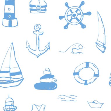 Mavi zemin üzerinde deniz deniz mürekkep doodle koleksiyonu. Kusursuz desen. Sonsuz doku. Basılı malzemeler için kullanılabilir. Tatil tatil arka plan. Elle çizilmiş tasarım elemanları. Şenlikli baskı. 