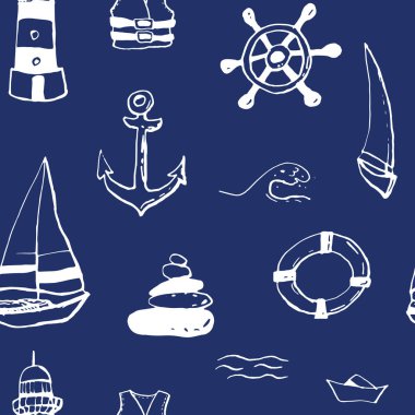 Mavi zemin üzerinde deniz deniz mürekkep doodle koleksiyonu. Kusursuz desen. Sonsuz doku. Basılı malzemeler için kullanılabilir. Tatil tatil arka plan. Elle çizilmiş tasarım elemanları. Şenlikli baskı. 