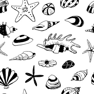 Beyaz zemin üzerinde deniz kabuğu mürekkep doodle koleksiyonu. Kusursuz desen. Sonsuz doku. Basılı malzemeler için kullanılabilir. Sualtı tatili arka planı. Elle çizilmiş tasarım elemanları. Şenlikli baskı.