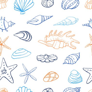 Beyaz zemin üzerinde deniz kabuğu mürekkep doodle koleksiyonu. Kusursuz desen. Sonsuz doku. Basılı malzemeler için kullanılabilir. Sualtı tatili arka planı. Elle çizilmiş tasarım elemanları. Şenlikli baskı.