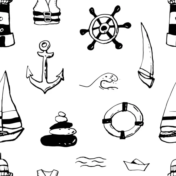 Collection Sea Marine Ink Doodles White Backdrop Seamless Pattern Endless — Stock Vector