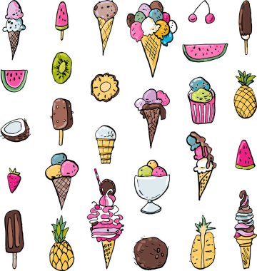 Soğuk tatlı mürekkep doodles vektör stok seti. Meyveile serin dondurmalar. Sevimli çizgi film simgeleri. Basılı malzemeler için kullanılabilir. Yemek tatil arka plan. Elle çizilmiş tasarım elemanları.