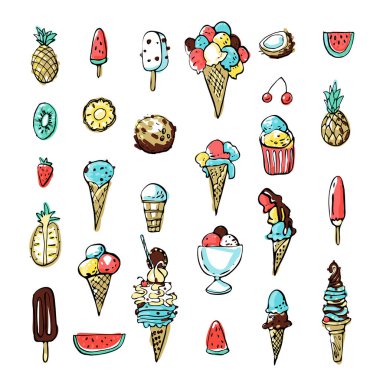Soğuk tatlı mürekkep doodles vektör stok seti. Meyveile serin dondurmalar. Sevimli çizgi film simgeleri. Basılı malzemeler için kullanılabilir. Yemek tatil arka plan. Elle çizilmiş tasarım elemanları.