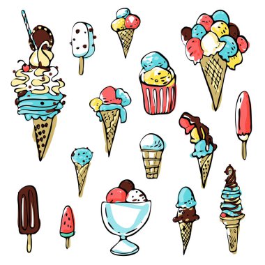 Soğuk tatlı mürekkep doodles vektör stok seti. Serin dondurma ve kokteyller. Sevimli çizgi film simgeleri. Basılı malzemeler için kullanılabilir. Yemek tatil arka plan. Elle çizilmiş tasarım elemanları.