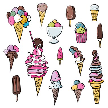 Soğuk tatlı mürekkep doodles vektör stok seti. Serin dondurma ve kokteyller. Sevimli çizgi film simgeleri. Basılı malzemeler için kullanılabilir. Yemek tatil arka plan. Elle çizilmiş tasarım elemanları.