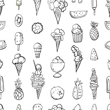 Yaz soğuk tatlı mürekkep doodle dikişsiz desen. Serin dondurma ve meyve. Vektör stok seti. Sevimli renksiz karikatür simgeleri. Basılı malzemeler için kullanılabilir. Yemek tatil arka plan. Elle çizilmiş tasarım elemanları.