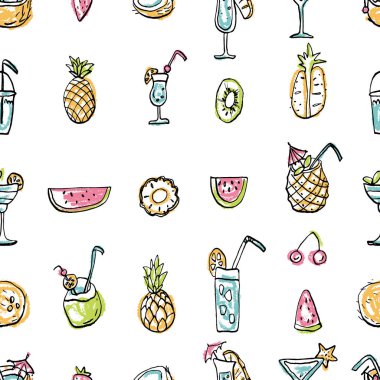 Yaz soğuk tatlı mürekkep doodle dikişsiz desen. Soğuk kokteyller ve parti içecekleri. Vektör stok seti. Sevimli simgeler. Basılı malzemeler için kullanılabilir. Yemek tatil arka plan. Elle çizilmiş tasarım elemanları.