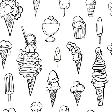 Yaz soğuk tatlı renksiz mürekkep doodle Dikişsiz desen. Serin dondurma vektör stok seti. Sevimli simgeler. Basılı malzemeler için kullanılabilir. Yemek tatil arka plan. Elle çizilmiş tasarım elemanları.