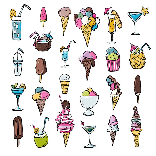 Cold Dessert Ink Doodles Vector Stock Set Cool Ice Cream — Stock Vector
