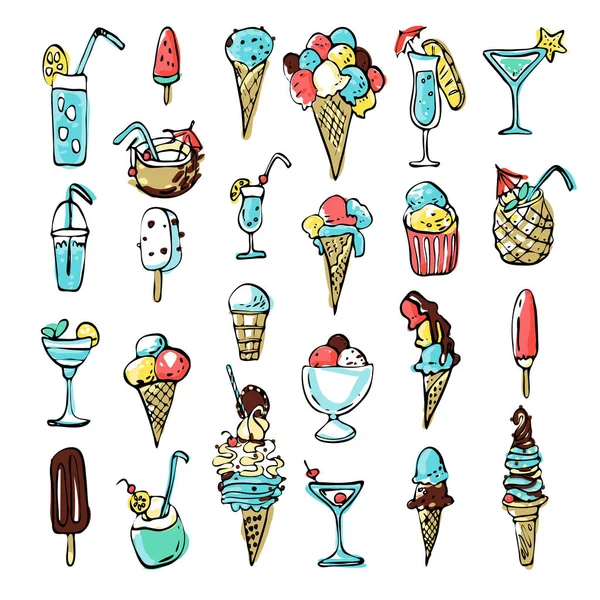 Cold Dessert Ink Doodles Vector Stock Set Cool Ice Cream — Stock Vector