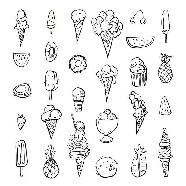 Cold Dessert Ink Doodles Vector Stock Set Cool Ice Creams — Stock Vector