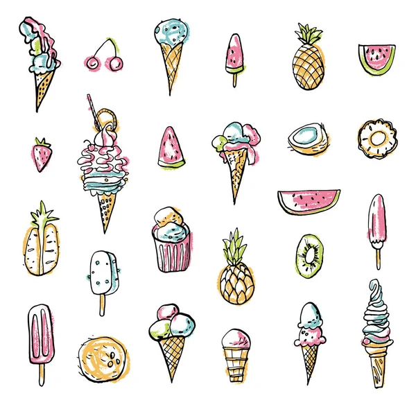 Kaltes Dessert Tinte Doodles Vektor Stock Set Kühles Eis Mit — Stockvektor