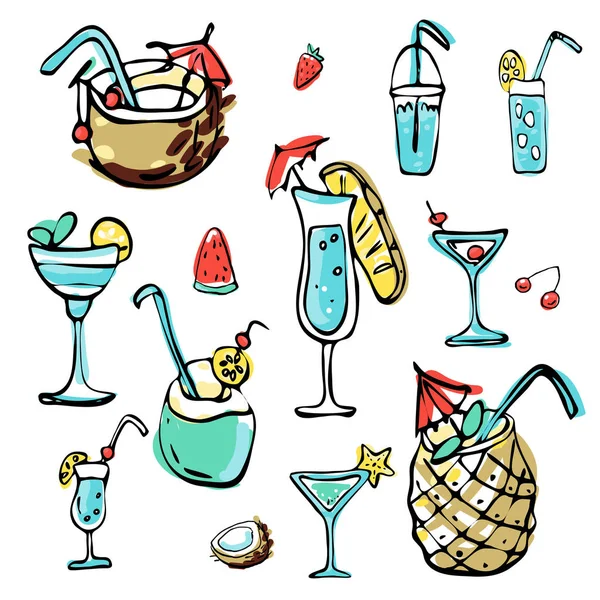 Soğuk tatlı mürekkep doodles vektör stok seti. Soğuk tropikal parti kokteylleri ve meyveleri. Sevimli çizgi film simgeleri. Basılı malzemeler için kullanılabilir. Yemek tatil arka plan. Elle çizilmiş tasarım elemanları.