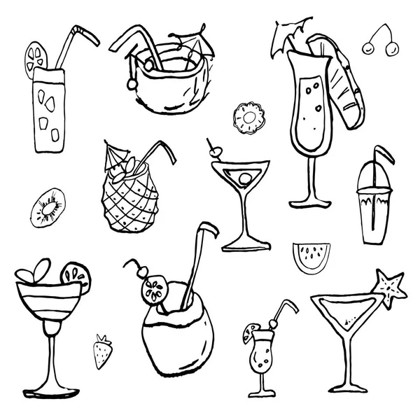 Soğuk tatlı mürekkep doodles vektör stok seti. Soğuk tropikal parti kokteylleri ve meyveleri. Sevimli çizgi film simgeleri. Basılı malzemeler için kullanılabilir. Yemek tatil arka plan. Elle çizilmiş tasarım elemanları.
