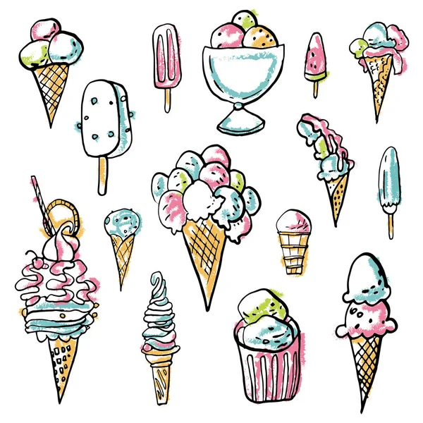 Seamless Pattern Summer Cold Dessert Ink Doodles Cool Ice Cream — Stock Vector