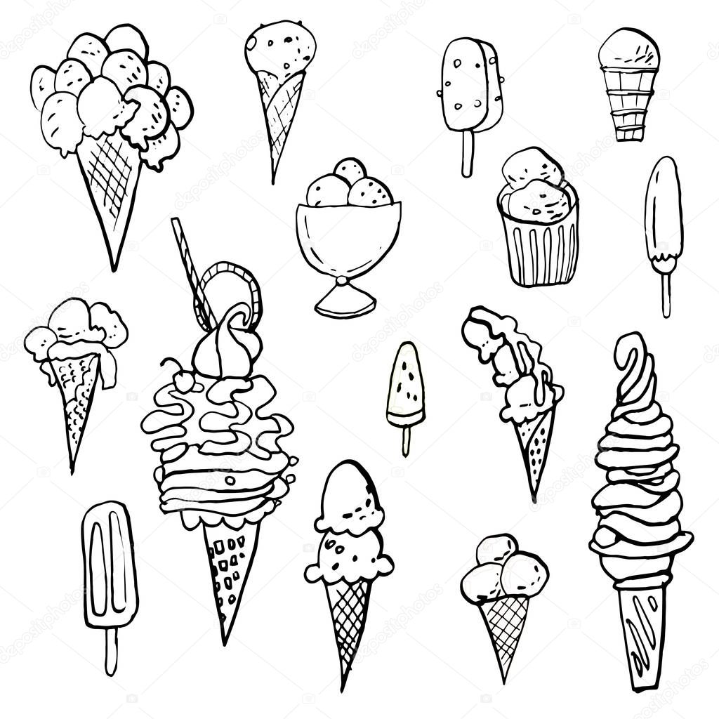 Cold dessert ink doodles vector stock set. Cool ice cream and cocktails. Cute colorless cartoon icons. Can be used for printed materials. Food holiday background. Hand drawn design elements.