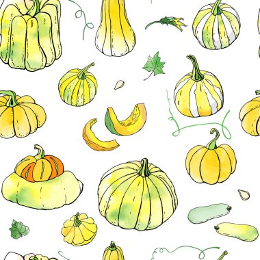 Sarı yeşil sonbahar kabakları dikişsiz desen. Sonbahar hasadı. Vektör stok seti. Suluboya doku ile sevimli karikatürler. Cadılar Bayramı, Şükran Günü. Yemek geçmişi. Elle çizilmiş tasarım elemanları. 