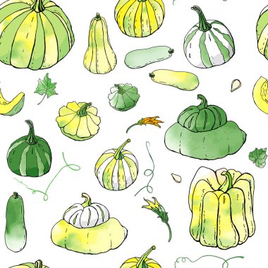 Sarı yeşil sonbahar kabakları dikişsiz desen. Sonbahar hasadı. Vektör stok seti. Suluboya doku ile sevimli karikatürler. Cadılar Bayramı, Şükran Günü. Yemek geçmişi. Elle çizilmiş tasarım elemanları. 