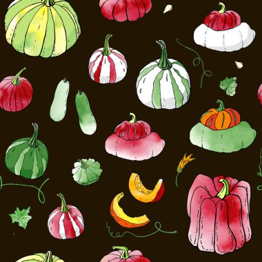 Siyah zemin üzerinde yeşil ve kırmızı sonbahar kabakları dikişsiz desen. Sonbahar hasadı. Vektör stok seti. Suluboya doku ile sevimli karikatürler. Cadılar Bayramı, Şükran Günü. Yemek geçmişi. Elle çizilmiş tasarım elemanları. 