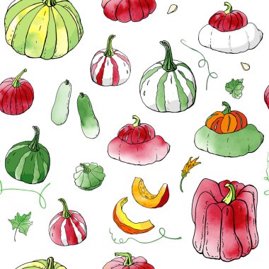 Yeşil ve kırmızı sonbahar kabakları dikişsiz desen. Sonbahar hasadı. Vektör stok seti. Suluboya doku ile sevimli karikatürler. Cadılar Bayramı, Şükran Günü. Yemek geçmişi. Elle çizilmiş tasarım elemanları. 