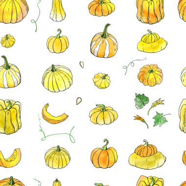 Sarı turuncu sonbahar kabakları dikişsiz desen. Sonbahar hasadı. Vektör stok seti. Suluboya doku ile sevimli karikatürler. Cadılar Bayramı, Şükran Günü. Yemek geçmişi. Elle çizilmiş tasarım elemanları. 