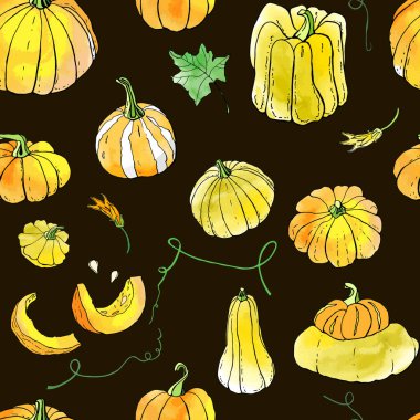 Siyah zemin üzerinde sarı turuncu sonbahar kabakları dikişsiz desen. Sonbahar hasadı. Vektör stok seti. Suluboya doku ile sevimli karikatürler. Cadılar Bayramı, Şükran Günü. Yemek geçmişi. Elle çizilmiş tasarım elemanları. 