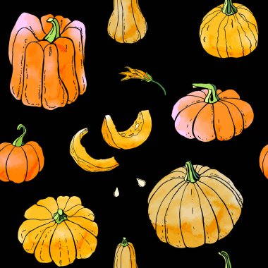 Siyah zemin üzerinde parlak turuncu sonbahar kabakları dikişsiz desen. Sonbahar hasadı. Vektör stok seti. Suluboya doku ile sevimli karikatürler. Cadılar Bayramı, Şükran Günü. Yemek geçmişi. Elle çizilmiş tasarım elemanları. 