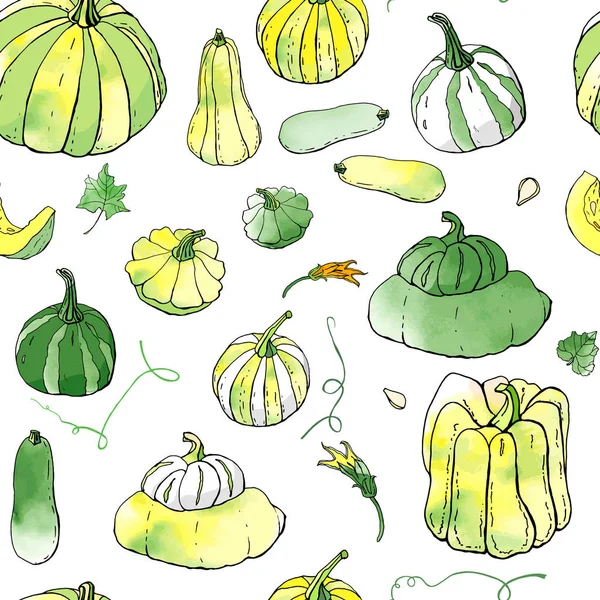 Sarı yeşil sonbahar kabakları dikişsiz desen. Sonbahar hasadı. Vektör stok seti. Suluboya doku ile sevimli karikatürler. Cadılar Bayramı, Şükran Günü. Yemek geçmişi. Elle çizilmiş tasarım elemanları. 
