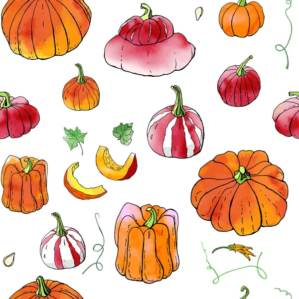 Naadloze Patroon Van Rood Oranje Herfst Pompoenen Herfst Oogst Vector — Stockvector