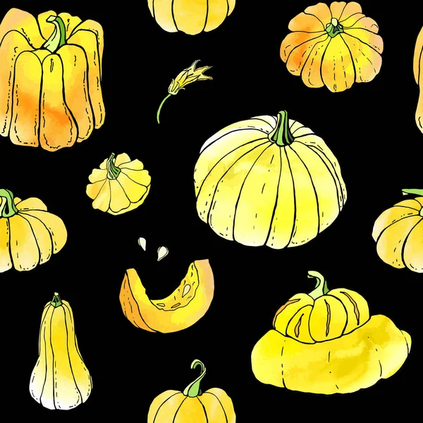 无缝图案从黄色橙色秋天南瓜在黑色背景 秋天的收获 矢量库存集 可爱的卡通与水彩纹理 万圣节 感恩节食物背景 手绘设计元素 — 图库矢量图片