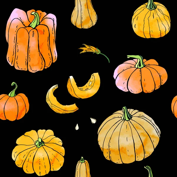 Siyah zemin üzerinde parlak turuncu sonbahar kabakları dikişsiz desen. Sonbahar hasadı. Vektör stok seti. Suluboya doku ile sevimli karikatürler. Cadılar Bayramı, Şükran Günü. Yemek geçmişi. Elle çizilmiş tasarım elemanları. 