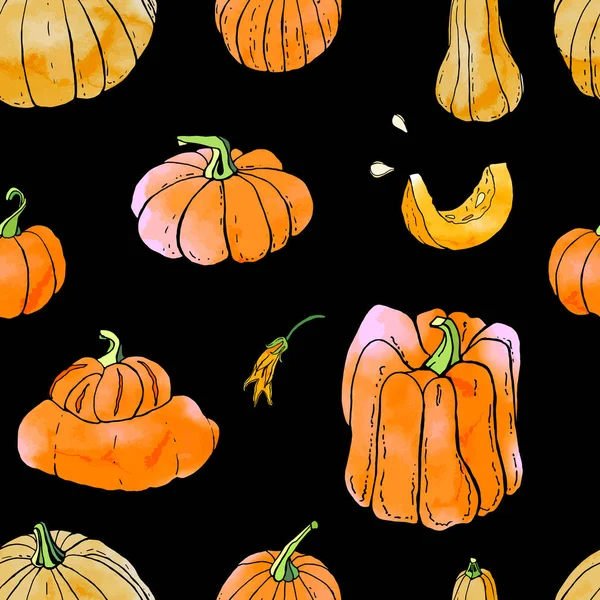 Seamless Pattern Bright Orange Autumn Pumpkins Black Backdrop Fall Harvest — Stock Vector