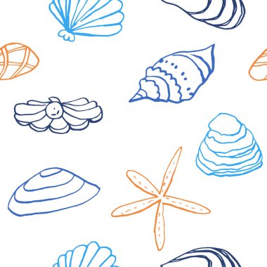 Beyaz zemin üzerinde deniz kabuğu mürekkep doodle koleksiyonu. Kusursuz desen. Sonsuz doku. Basılı malzemeler için kullanılabilir. Sualtı arka planı. Elle çizilmiş tasarım elemanları. Şenlikli baskı. Duvar kağıdı.