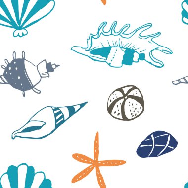 Beyaz zemin üzerinde deniz kabuğu mürekkep doodle koleksiyonu. Kusursuz desen. Sonsuz doku. Basılı malzemeler için kullanılabilir. Sualtı arka planı. Elle çizilmiş tasarım elemanları. Şenlikli baskı. Duvar kağıdı.