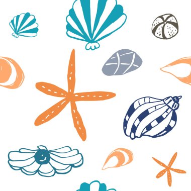 Beyaz zemin üzerinde deniz kabuğu mürekkep doodle koleksiyonu. Kusursuz desen. Sonsuz doku. Basılı malzemeler için kullanılabilir. Sualtı arka planı. Elle çizilmiş tasarım elemanları. Şenlikli baskı. Duvar kağıdı.